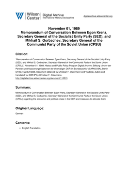 November 01, 1989 Memorandum of Conversation Between Egon Krenz, Secretary General of the Socialist Unity Party (SED), and Mikhail S