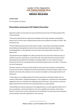 MEDIA RELEASE Finocchiaro Announces CLP