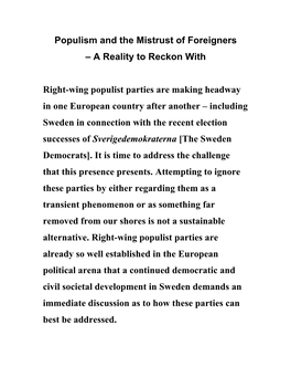 Populism and the Mistrust of Foreigners – a Reality to Reckon with Right-Wing Populist Parties Are Making Headway in One Euro