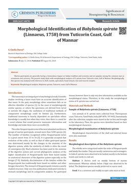 Morphological Identification of Babylonia Spirata (Linnaeus, 1758) from Tuticorin Coast, Gulf of Mannar