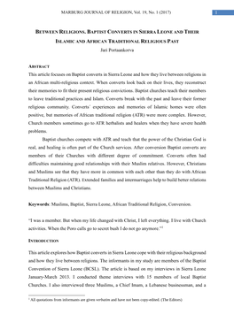 1 Jari Portaankorva This Article Focuses on Baptist Converts in Sierra Leone and How They Live Between Religions in an African M