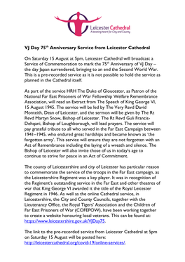 VJ Day 75Th Anniversary Service from Leicester Cathedral on Saturday 15