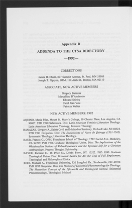 Appendix D ADDENDA to the CTSA DIRECTORY —1992—