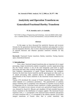 Analyticity and Operation Transform on Generalized Fractional