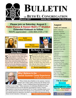 Beth El Congregation August 2017 Akron, Ohio Av • Elul 5777