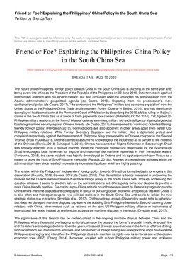 Friend Or Foe? Explaining the Philippines' China Policy in the South China Sea Written by Brenda Tan