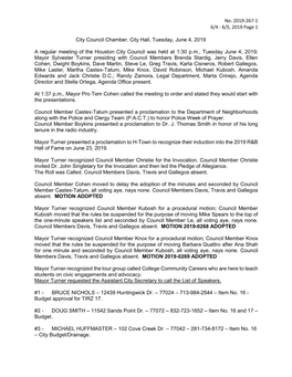 6/5, 2019 Page 1 City Council Chamber, City Hall, Tuesday, June 4, 2019 a Regular Meeting of the Houston Ci