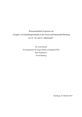 Vergabe Von Ehrenbürgerschaften in Der Freien Und Hansestadt Hamburg Im 19., 20