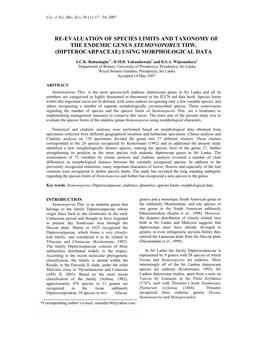 Re-Evaluation of Species Limits and Taxonomy of the Endemic Genus Stemonoporus Thw