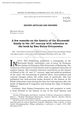 A Few Remarks on the History of the Zborowski Family in the 16Th Century with Reference to the Book by Ewa Dubas-Urwanowicz