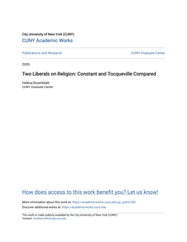 Two Liberals on Religion: Constant and Tocqueville Compared