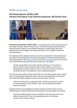 UN Climate Speech / 05 Mar, 2020 Climate Crisis Needs Truly Collective Response: UN Climate Chief