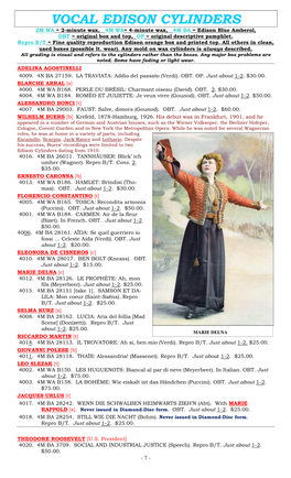 VOCAL EDISON CYLINDERS 2M WA = 2-Minute Wax, 4M WA = 4-Minute Wax, 4M BA = Edison Blue Amberol, OBT = Original Box and Top, OP = Original Descriptive Pamphlet