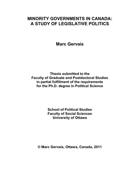 Minority Governments in Canada: a Study of Legislative Politics
