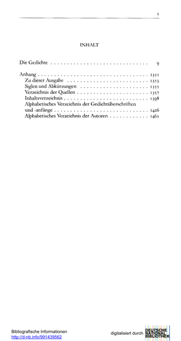 INHALT Die Gedichte 9 Anhang 1351 Zu Dieser Ausgabe 1353 Siglen Und Abkürzungen 1355 Verzeichnis Der Quellen 1357 Inhaltsverzei