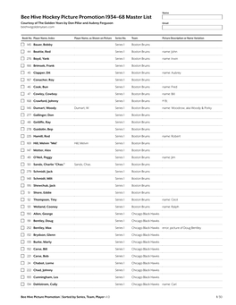 Bee Hive Hockey Picture Promotion 1934–68 Master List Courtesy of the Golden Years by Don Pillar and Aubrey Ferguson Email Beehivegoldenyears.Com