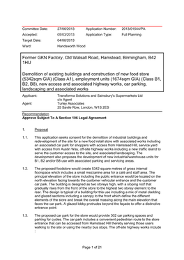 Former GKN Factory, Old Walsall Road, Hamstead, Birmingham, B42 1HU Demolition of Existing Buildings and Construction of New