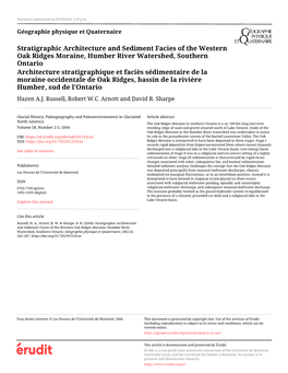 Stratigraphic Architecture and Sediment Facies of the Western Oak Ridges Moraine, Humber River Watershed, Southern Ontario