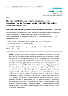 The Potential Biotechnological Applications of the Exopolysaccharide Produced by the Halophilic Bacterium Halomonas Almeriensis