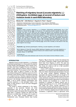 Hatching of Migratory Locust (Locusta Migratoria, L.) (Orthoptera: Acrididae) Eggs at Several of Texture and Moisture Levels in Semi-Field Laboratory