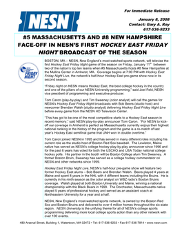 5 Massachusetts and #8 New Hampshire Face-Off in Nesn’S First Hockey East Friday Night Broadcast of the Season