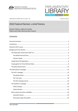 2010 Federal Election: a Brief History