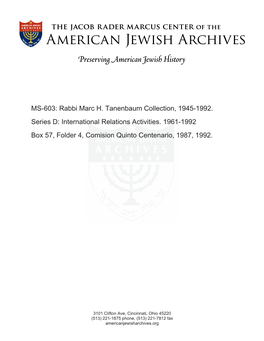 MS-603: Rabbi Marc H. Tanenbaum Collection, 1945-1992. Series D: International Relations Activities. 1961-1992 Box 57, Folder 4