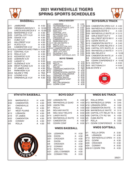 2021 Waynesville Tigers Spring Sports Schedules