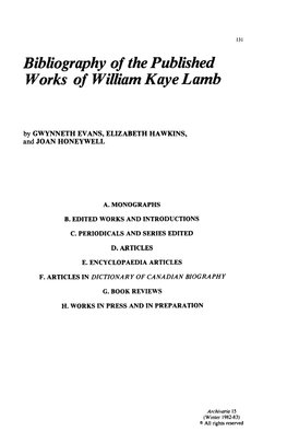 Bibliography of the Published Works of William Kaye Lamb