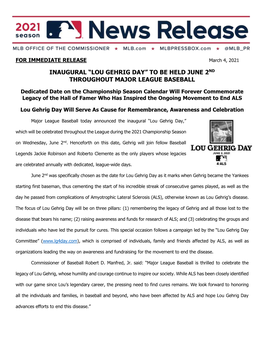 Inaugural Lou Gehrig Day to Be Held June 2Nd Throughout