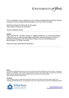 Indigenous Uses of Wild and Tended Plant Biodiversity Maintain Ecosystem Services in Agricultural Landscapes of the Terai Plains of Nepal