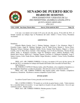 Senado De Puerto Rico Diario De Sesiones Procedimientos Y Debates De La Decimoseptima Asamblea Legislativa Quinta Sesion Ordinaria Año 2015 Vol