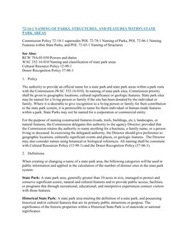 72-14-1 NAMING of PARKS, STRUCTURES, and FEATURES WITHIN STATE PARK AREAS Commission Policy 72-14-1 Supersedes POL 72-78-1 Namin