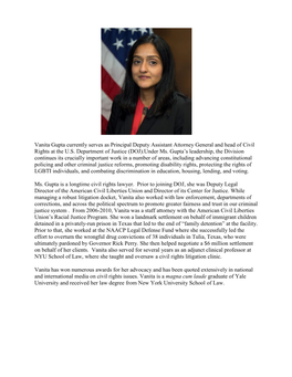 Vanita Gupta Currently Serves As Principal Deputy Assistant Attorney General and Head of Civil Rights at the U.S