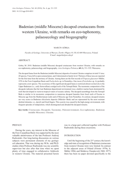 Badenian (Middle Miocene) Decapod Crustaceans from Western Ukraine, with Remarks on Eco-Taphonomy, Palaeoecology and Biogeography