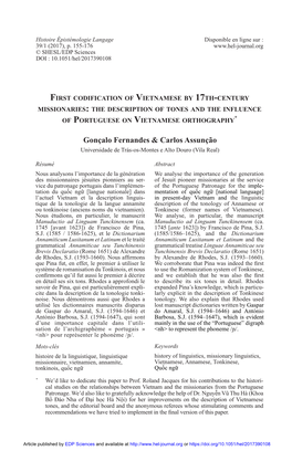 First Codification of Vietnamese by 17Th-Century Missionaries: the Description of Tones and the Influence of Portuguese on Vietnamese Orthography*