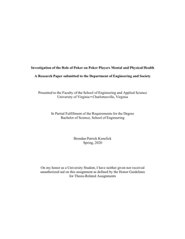 Investigation of the Role of Poker on Poker Players Mental and Physical Health