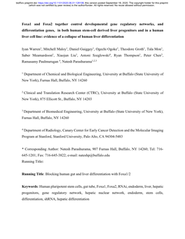 Foxa1 and Foxa2 Together Control Developmental Gene Regulatory Networks, and Differentiation Genes, in Both Human Stem-Cell