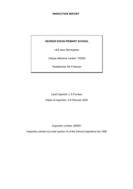INSPECTION REPORT GEORGE DIXON PRIMARY SCHOOL LEA Area