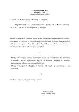 Zarządzenie Nr 91/2015 Burmistrza Zdun Z Dnia 5 Października 2015 R