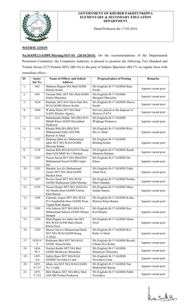 GOVERNMENT of KHYBER PAKHTUNKHWA ELEMENTARY & SECONDARY EDUCATION DEPARTMENT , Dated Peshawar the 17-03-2016