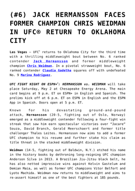 (#6) Jack Hermansson Faces Former Champion Chris Weidman in Ufc® Return to Oklahoma City