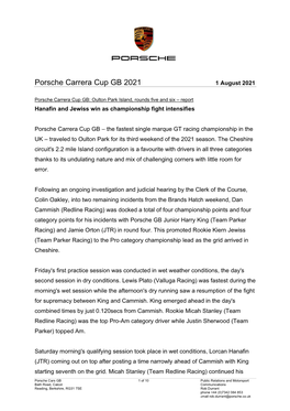 Porsche Carrera Cup GB 2021 1 August 2021