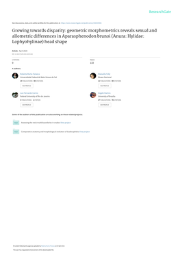 Growing Towards Disparity: Geometric Morphometrics Reveals Sexual and Allometric Differences in Aparasphenodon Brunoi (Anura: Hylidae: Lophyohylinae) Head Shape