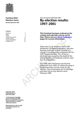 By-Election Results: 1997-2001 House of Commons Information Office Factsheet M16