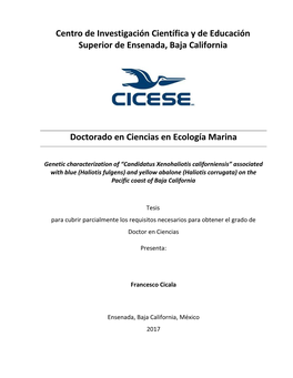 Centro De Investigación Científica Y De Educación Superior De Ensenada, Baja California Doctorado En Ciencias En Ecología Ma