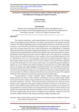 Assessment and Indexing of Groundwater Quality of Udham Singh Nagar District of Uttarakhand for Drinking and Irrigation Purposes