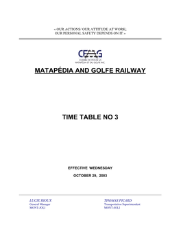 Matapédia and Golfe Railway Time Table No 3