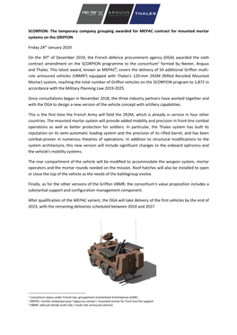 SCORPION: the Temporary Company Grouping Awarded for MEPAC Contract for Mounted Mortar Systems on the GRIFFON