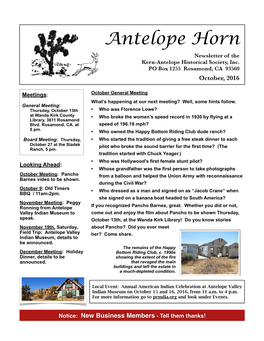 Antelope Horn ! Newsletter of the Kern-Antelope Historical Society, Inc